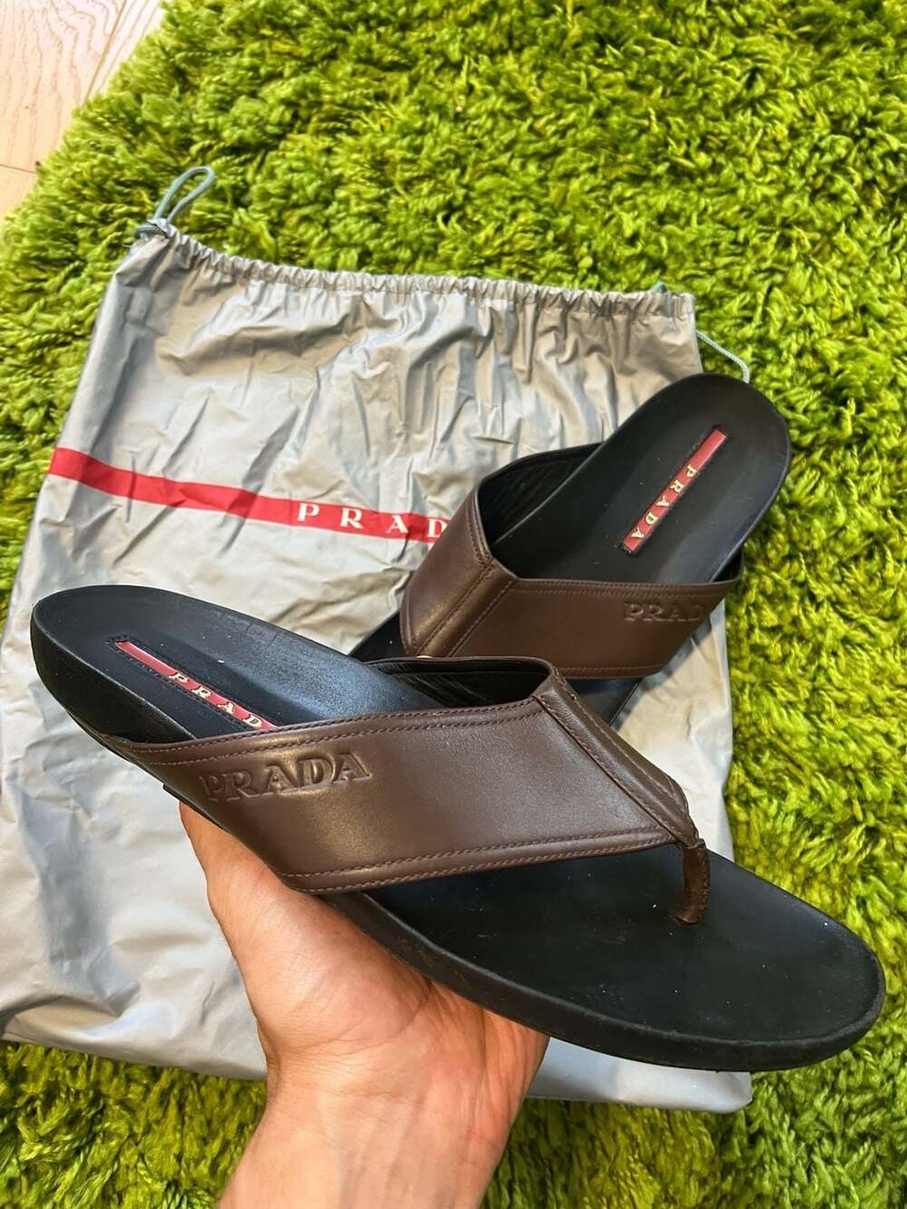 Prada Men's Leather Thong Flip Flop Sandals in Dark Brown